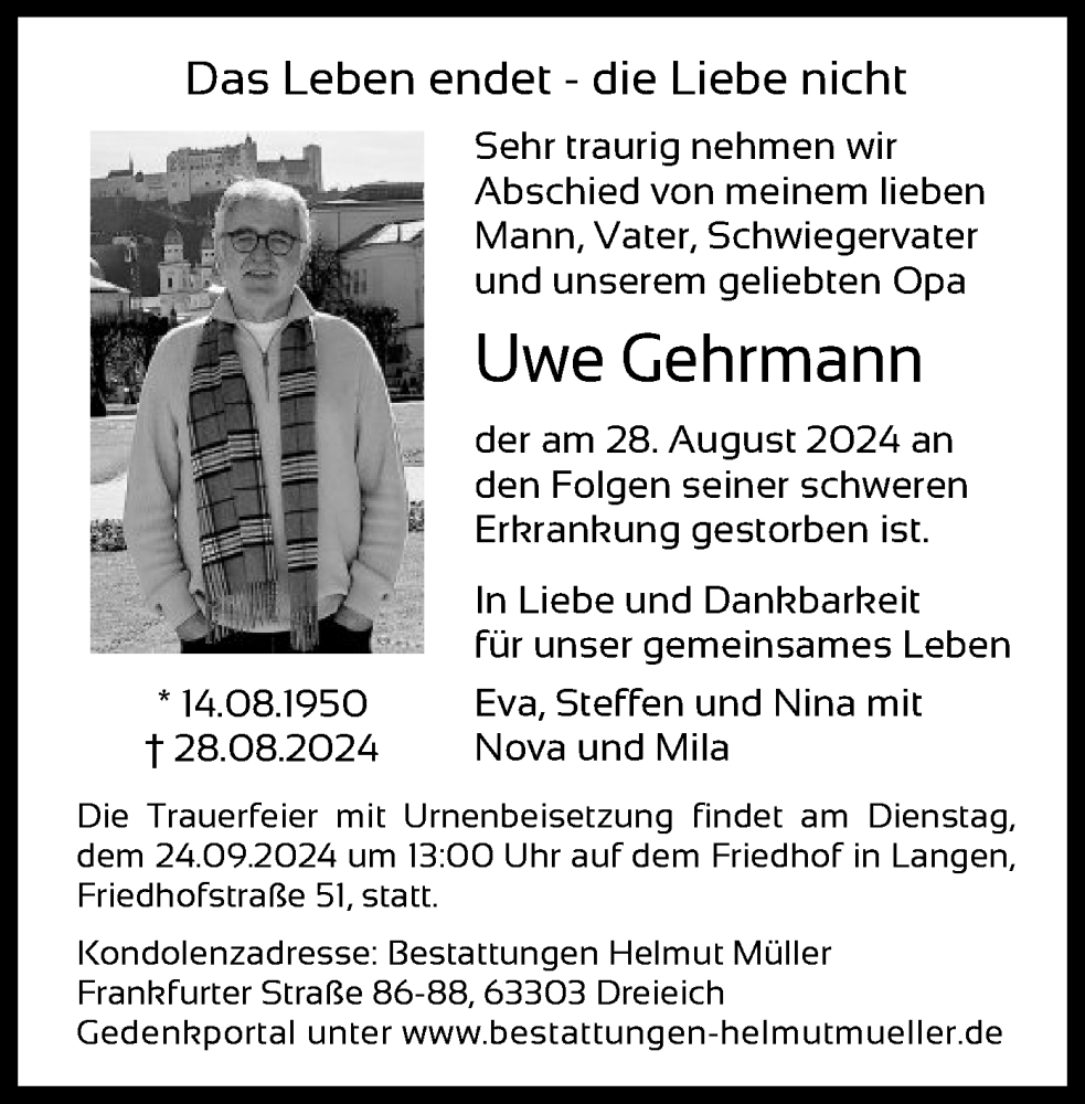  Traueranzeige für Uwe Gehrmann vom 21.09.2024 aus OF