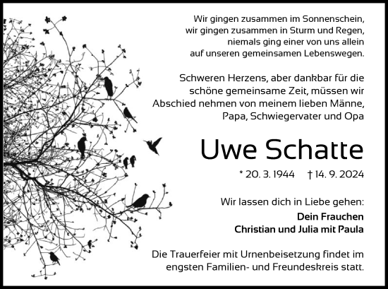 Traueranzeige von Uwe Schatte von OF