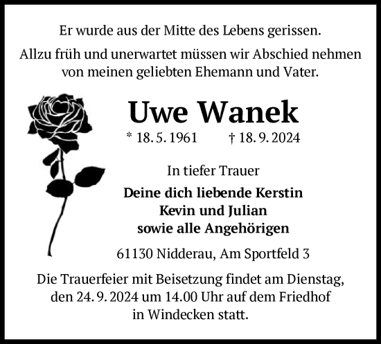 Traueranzeige von Uwe Wanek von OF