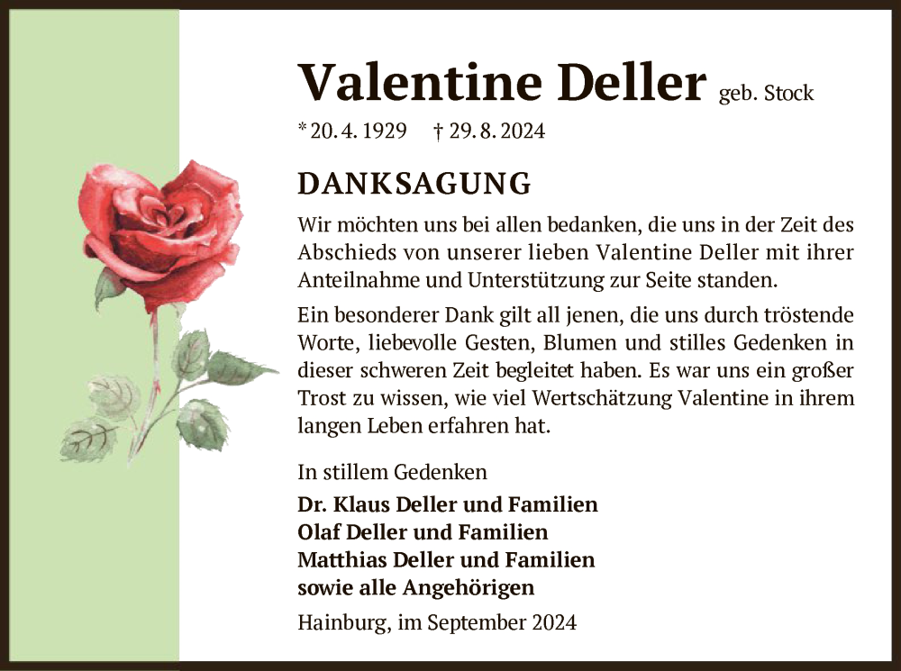  Traueranzeige für Valentine Deller vom 21.09.2024 aus OF