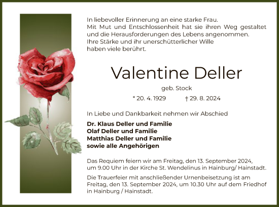 Traueranzeige von Valentine Deller von OF