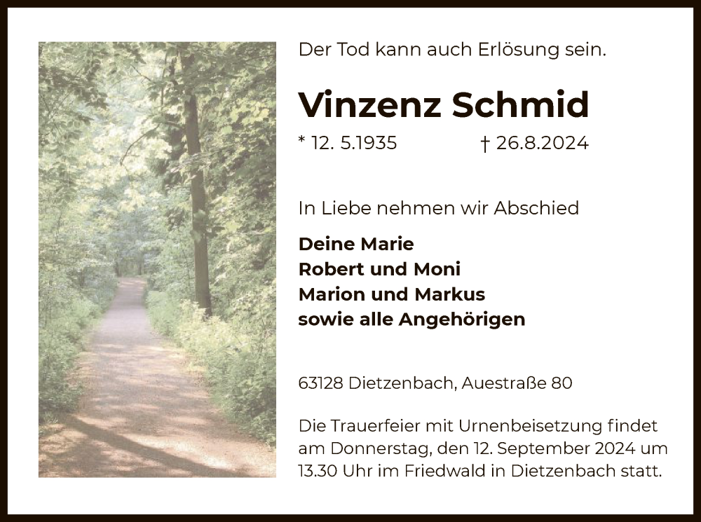  Traueranzeige für Vinzenz Schmid vom 07.09.2024 aus OF