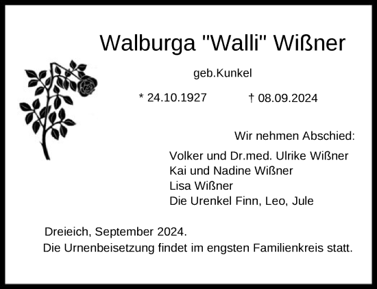 Traueranzeige von Walburga Wißner von OF