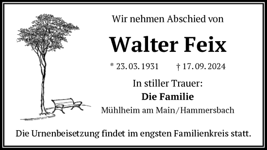 Traueranzeige von Walter Feix von OF