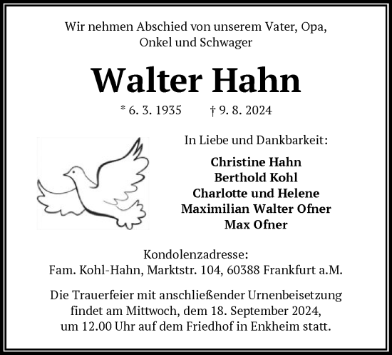 Traueranzeige von Walter Hahn von OF