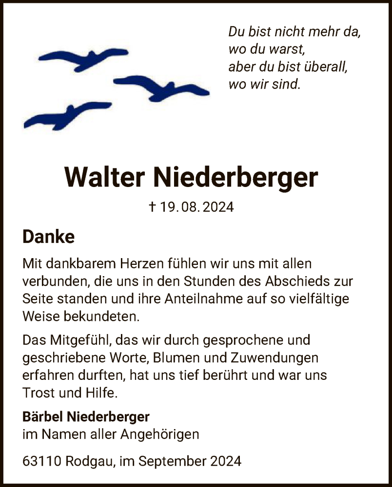  Traueranzeige für Walter Niederberger vom 28.09.2024 aus OF