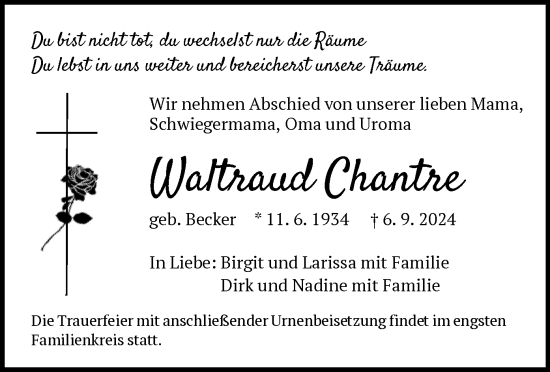 Traueranzeige von Waltraud Chantre von OF