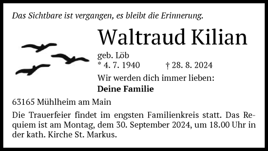 Traueranzeige von Waltraud Kilian von OF