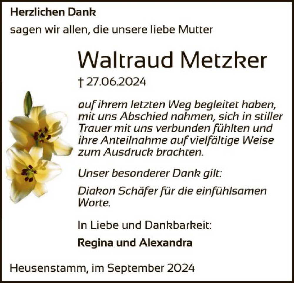  Traueranzeige für Waltraud Metzker vom 07.09.2024 aus OF