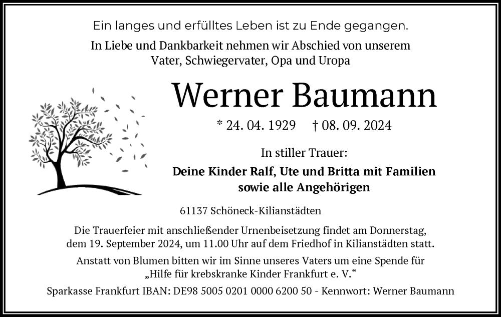  Traueranzeige für Werner Baumann vom 14.09.2024 aus OF