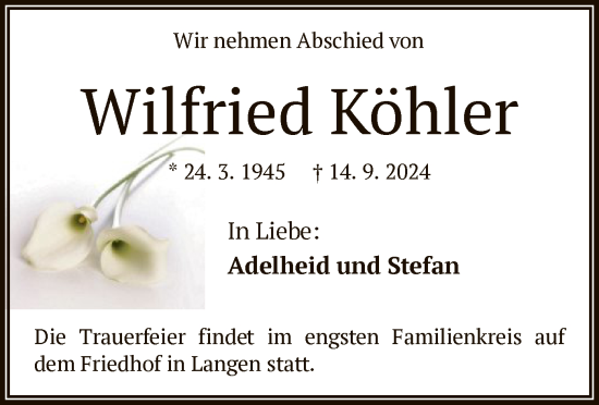 Traueranzeige von Wilfried Köhler von OF