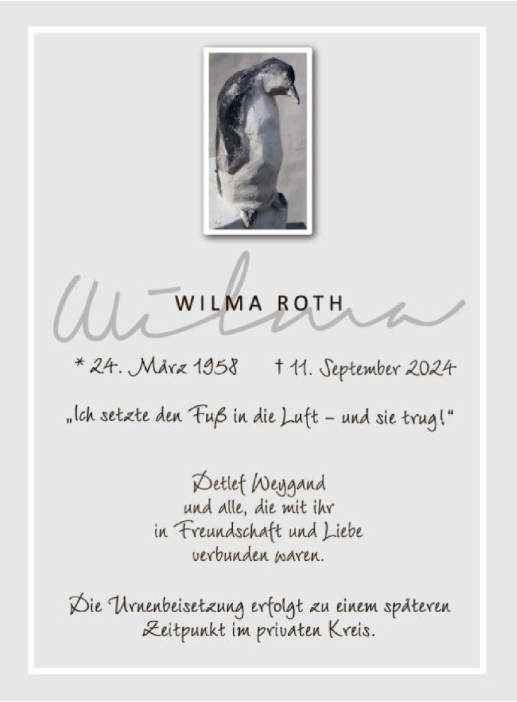  Traueranzeige für Wilma Roth vom 28.09.2024 aus OF