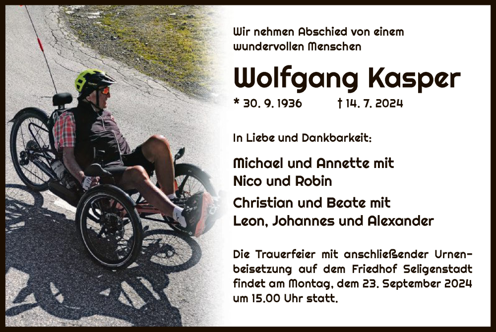  Traueranzeige für Wolfgang Kasper vom 14.09.2024 aus OF