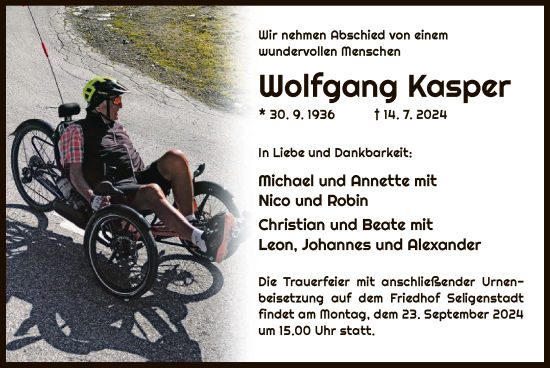 Traueranzeige von Wolfgang Kasper von OF