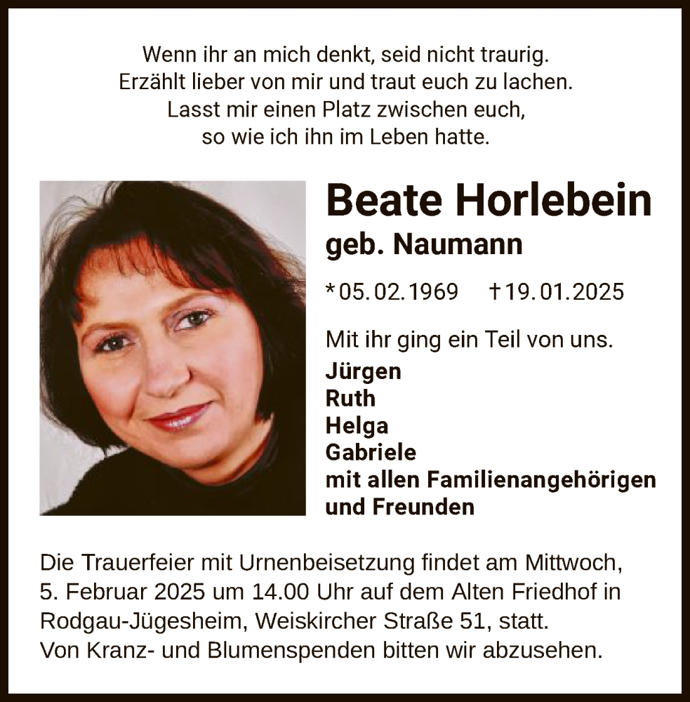  Traueranzeige für Beate Horlebein vom 25.01.2025 aus OF