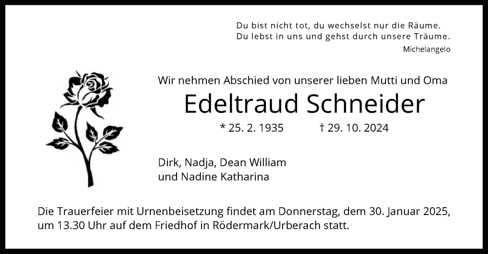  Traueranzeige für Edeltraud Schneider vom 25.01.2025 aus OF