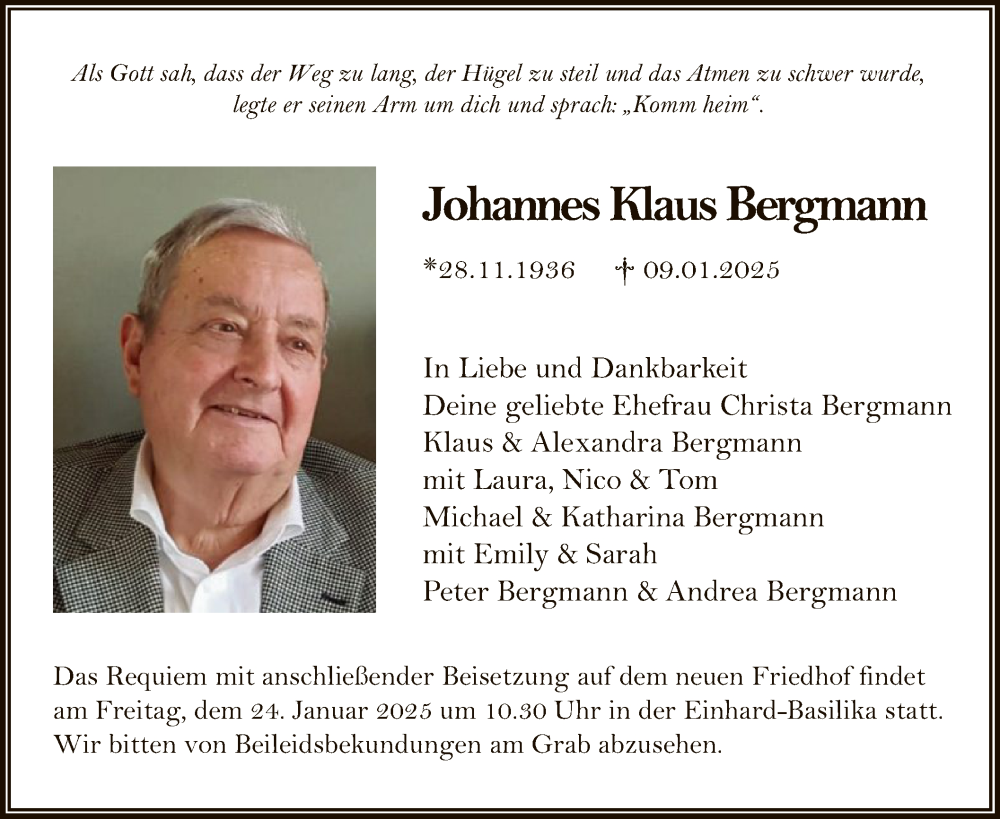  Traueranzeige für Johannes Klaus Bergmann vom 18.01.2025 aus OF