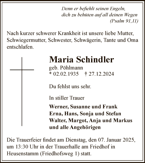 Traueranzeige von Maria Schindler von OF