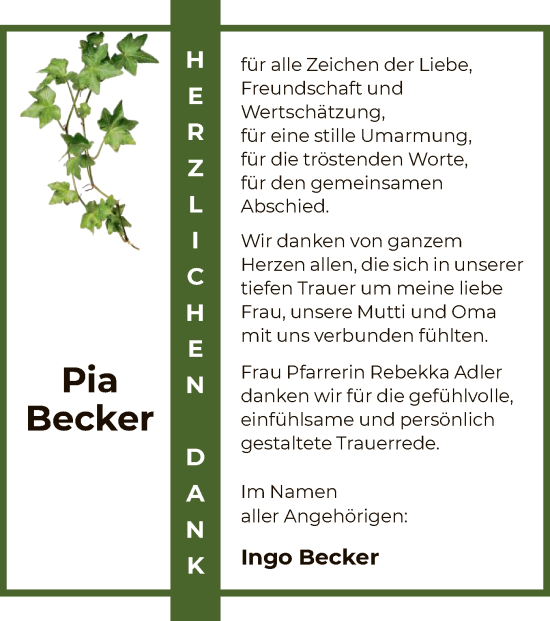 Traueranzeige von Pia Becker von OF