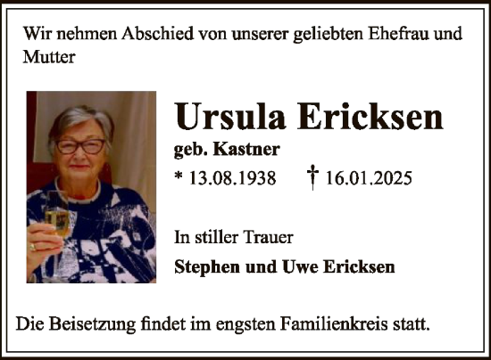 Traueranzeige von Ursula Ericksen von OF