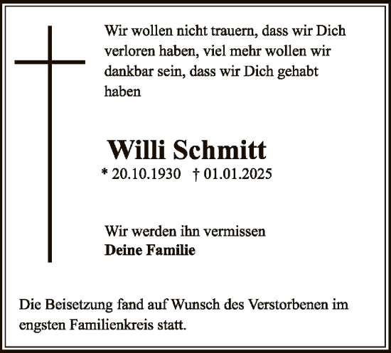 Traueranzeige von Willi Schmitt von OF
