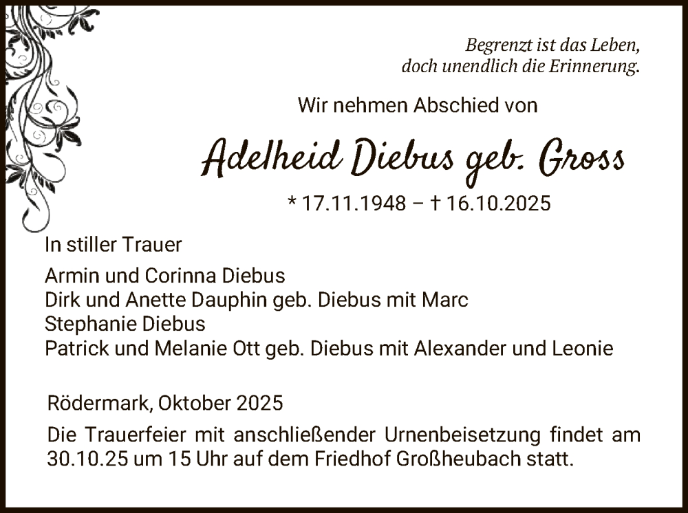  Traueranzeige für Adelheid Diebus vom 25.10.2025 aus OF0L