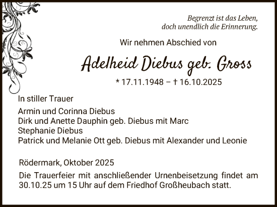 Traueranzeige von Adelheid Diebus von OF0L