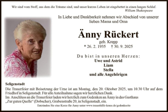 Traueranzeige von Änny Rückert von OF0L