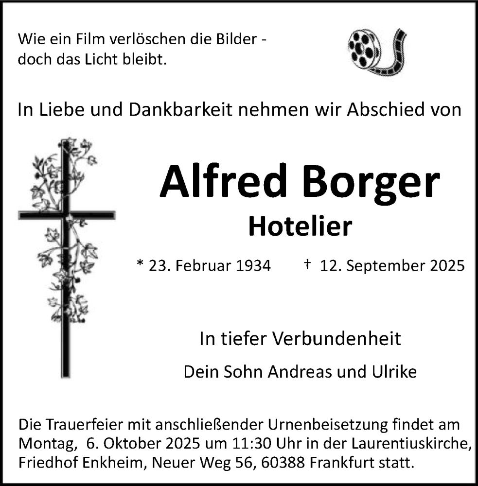  Traueranzeige für Alfred Borger vom 04.10.2025 aus BOWO