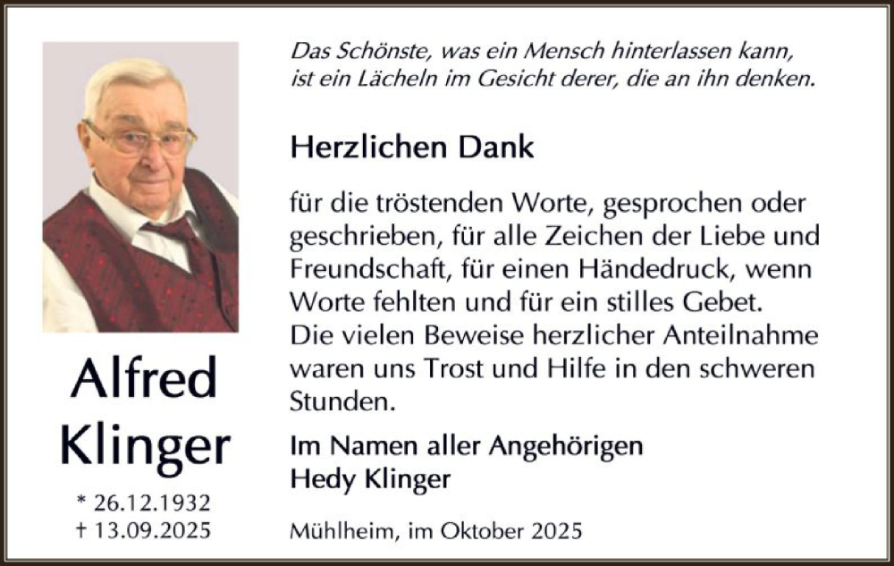 Traueranzeige für Alfred Klinger vom 04.10.2025 aus OFOP