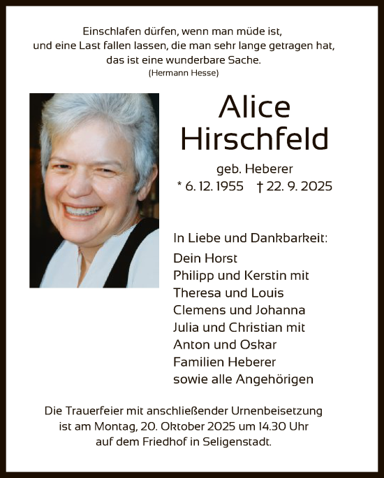 Traueranzeige von Alice Hirschfeld von OFOP
