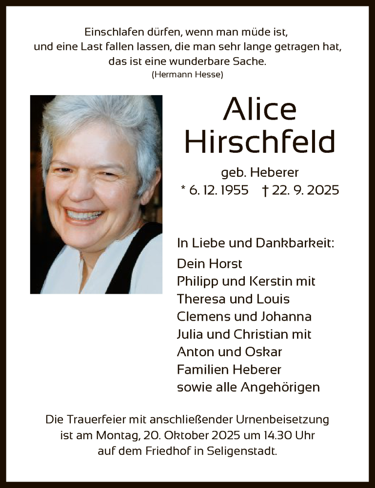  Traueranzeige für Alice Hirschfeld vom 11.10.2025 aus OF0L