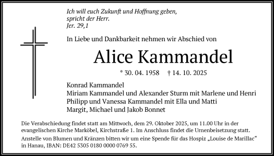 Traueranzeige von Alice Kammandel von OFHA
