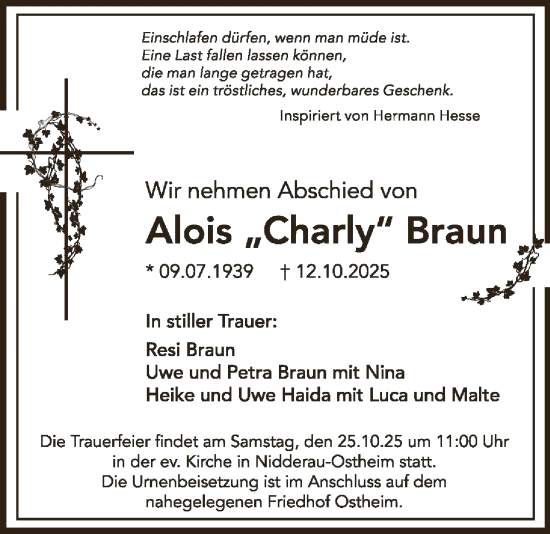 Traueranzeige von Alois Braun von OFHA