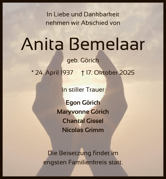 Traueranzeige von Anita Bemelaar von OFOP