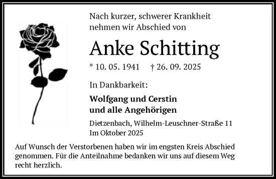 Traueranzeige von Anke Schitting von OFOP