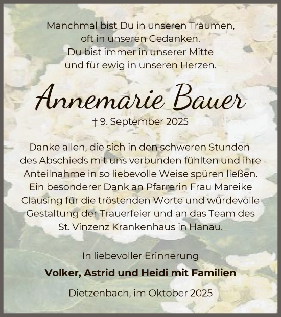 Traueranzeige von Annemarie Bauer von OFOP