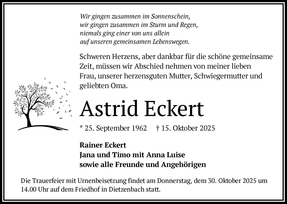  Traueranzeige für Astrid Eckert vom 25.10.2025 aus OFOP