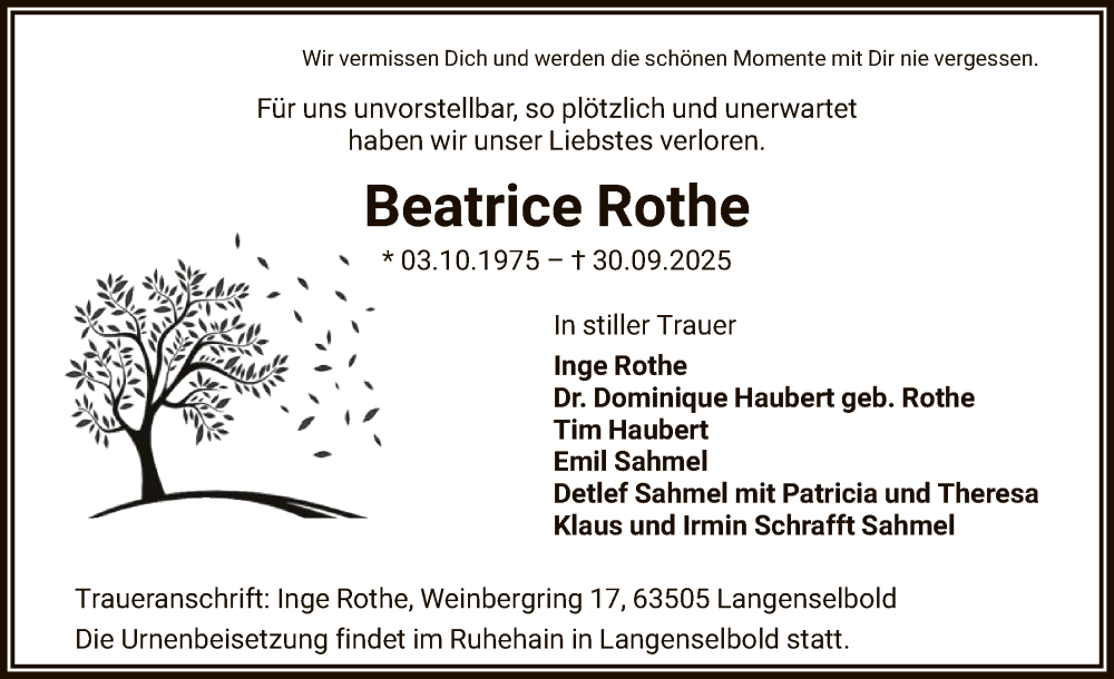  Traueranzeige für Beatrice Rothe vom 11.10.2025 aus OFHA