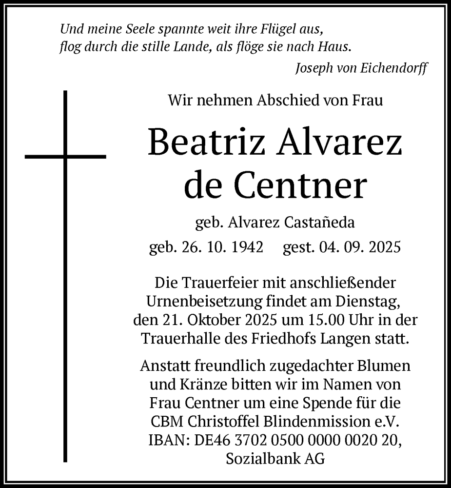  Traueranzeige für Beatriz Alvarez de Centner vom 18.10.2025 aus OFOP