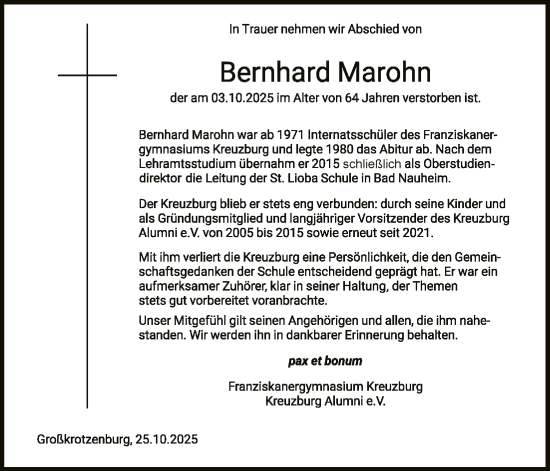 Traueranzeige von Bernhard Marohn von OFHA