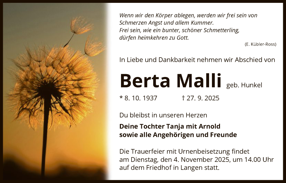  Traueranzeige für Berta Malli vom 18.10.2025 aus OFOP