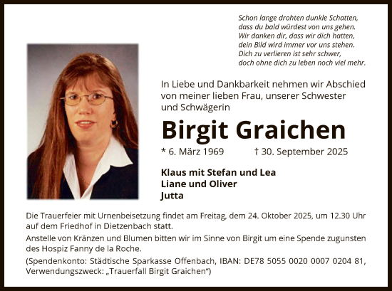 Traueranzeige von Birgit Graichen von OFOP