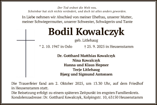 Traueranzeige von Bodil Kowalczyk von OFOP