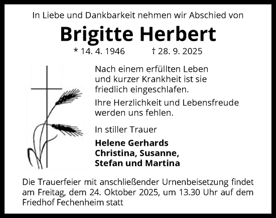 Traueranzeige von Brigitte Herbert von BOWO