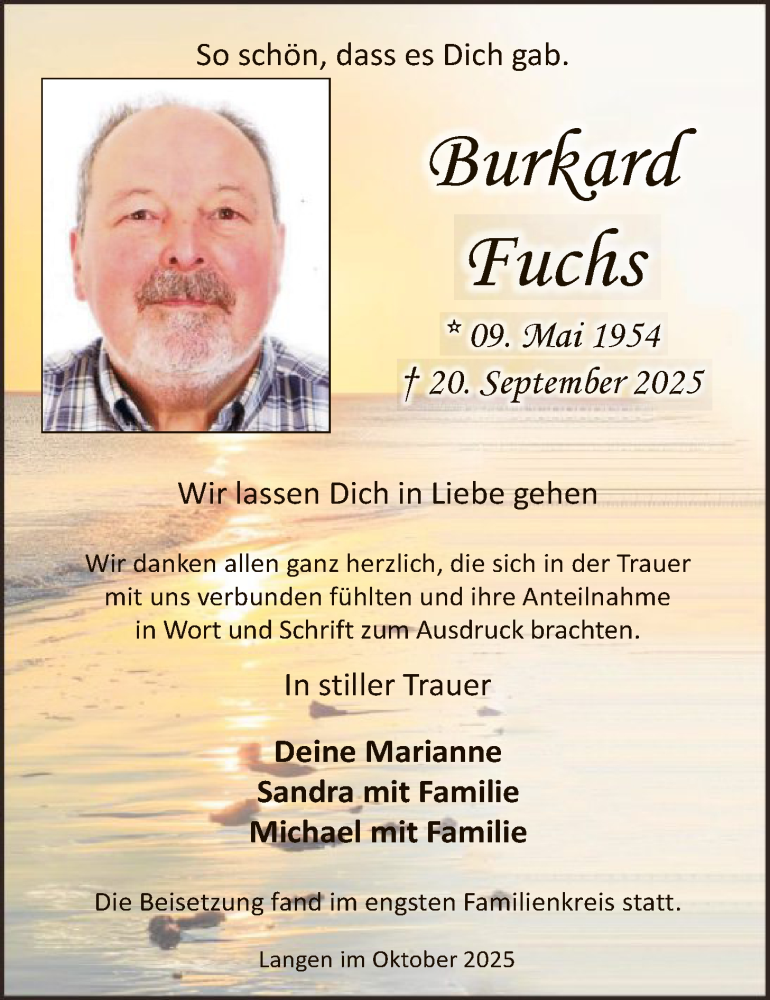 Traueranzeige für Burkard Fuchs vom 18.10.2025 aus OF0W
