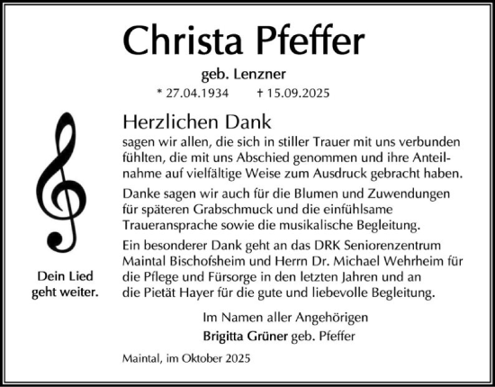 Traueranzeige von Christa Pfeffer von OFOP