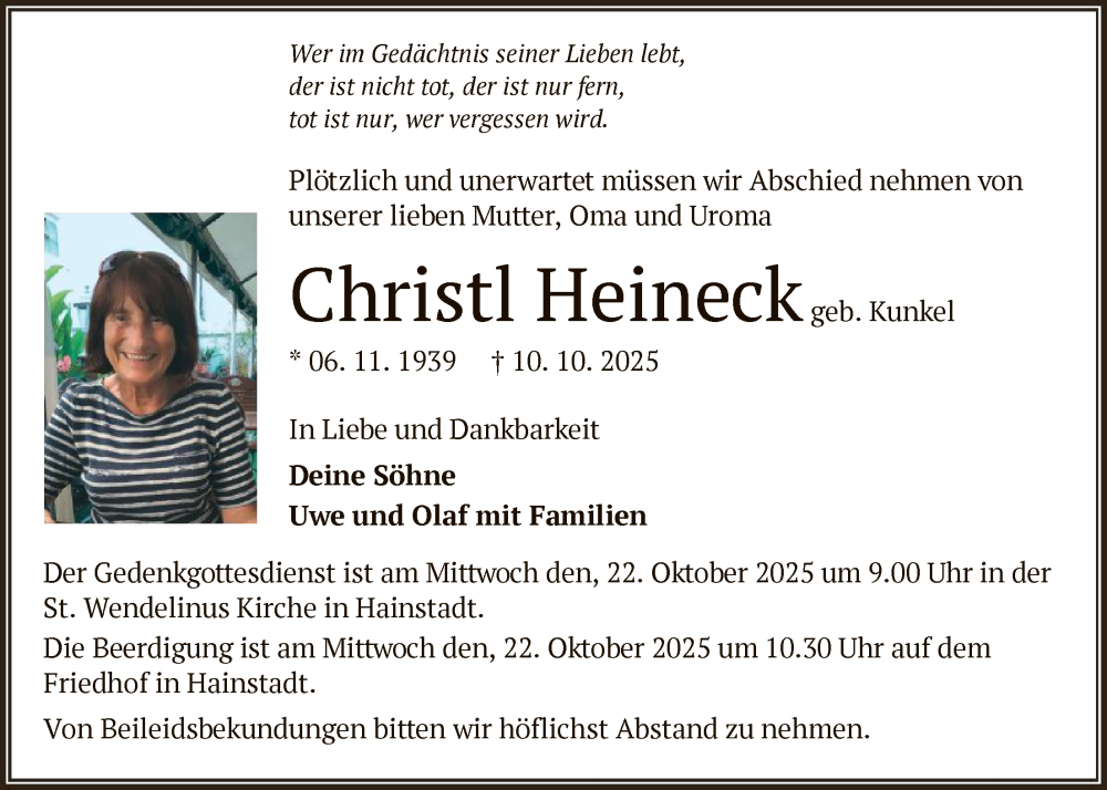  Traueranzeige für Christl Heineck vom 18.10.2025 aus OF0L