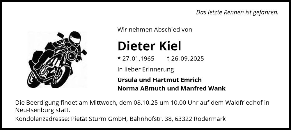  Traueranzeige für Dieter Kiel vom 04.10.2025 aus OF0LOF0W