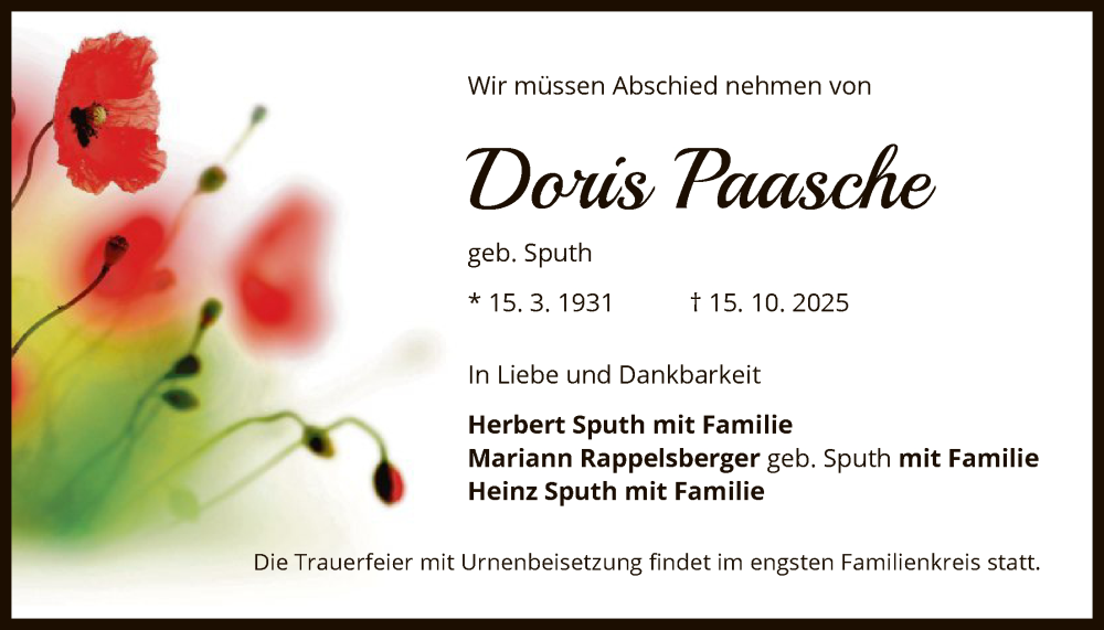  Traueranzeige für Doris Paasche vom 25.10.2025 aus OF0L
